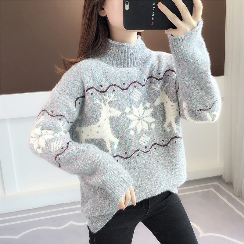 

Fashion Snowflake Embroidery Half Turtleneck Imitation Mink Fleece Knit Pullover Sweater Spring Ladies Casual Knitwear Jumpers