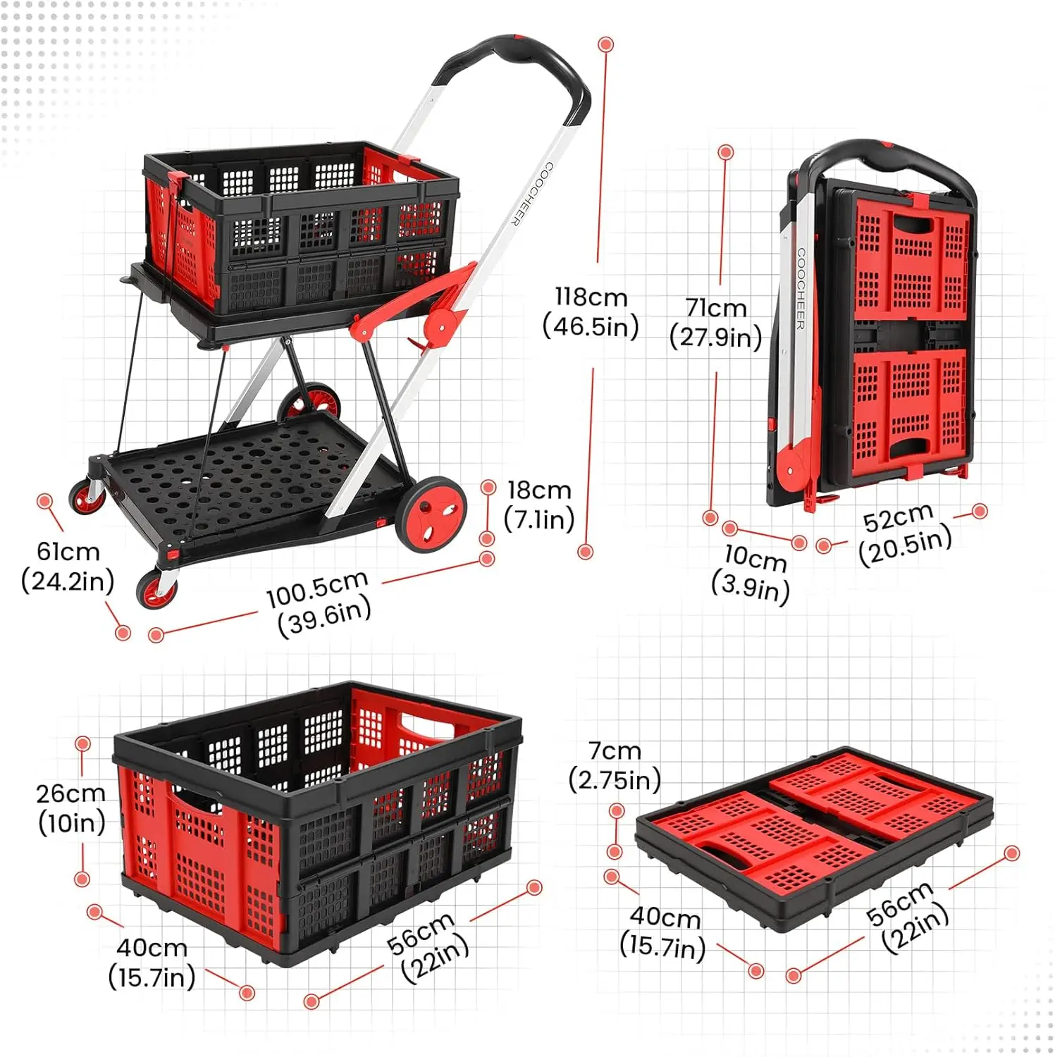 Use Functional Collapsible Carts, Mobile Folding Trolley, Shopping Cart with Storage Crate, Portable Folding Cart, Shopping Cart