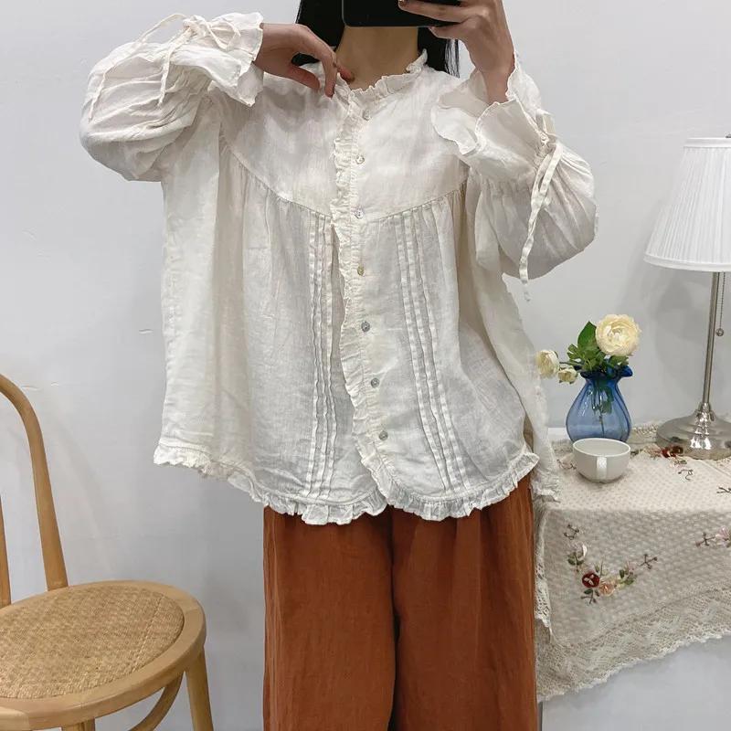 Johnature 2024 New Ruffles Linen Lace-up Women Shirts Tops Spring Summer Vintage Mori Loose Slits Female Blouses