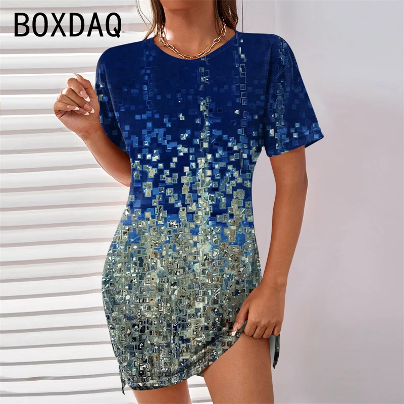 Beach Party Dress Big Size Summer Short Sleeve O-Neck Casual Mini Dress 3D Vintage Gradient Litte Floral Elegant Dress