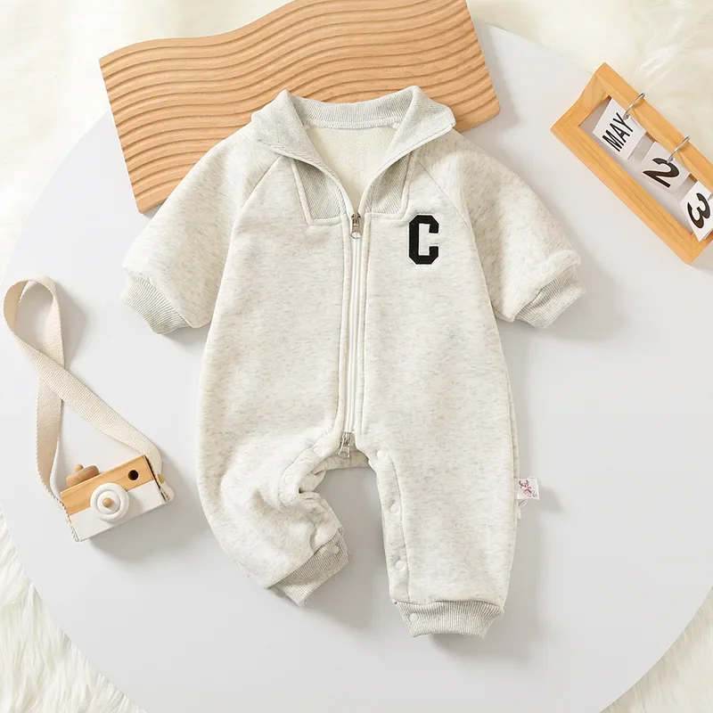 Baby Clothes Newborn Thick Jumpsuit 0-2 Y 2024 Autumn New Boys Fur Lining Sporty Romper Toddler Outdoor One Piece