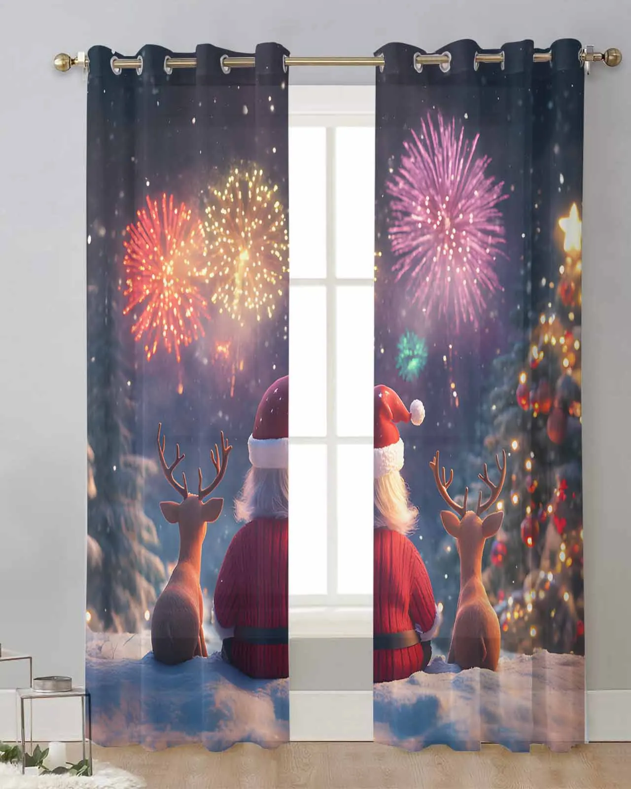 Christmas Tree Old Man Reindeer Curtain Tulle Curtains For Living Room Kitchen Window Treatments Voile Curtains