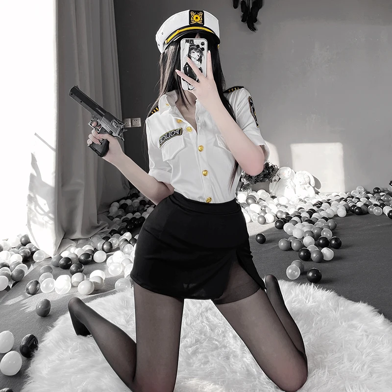 Sexy Police Woman Cosplay Costume Erotic Fantasies Button Up Shirt Skirt Set Uniform Temptation Cop Role-Playing Games Outfit