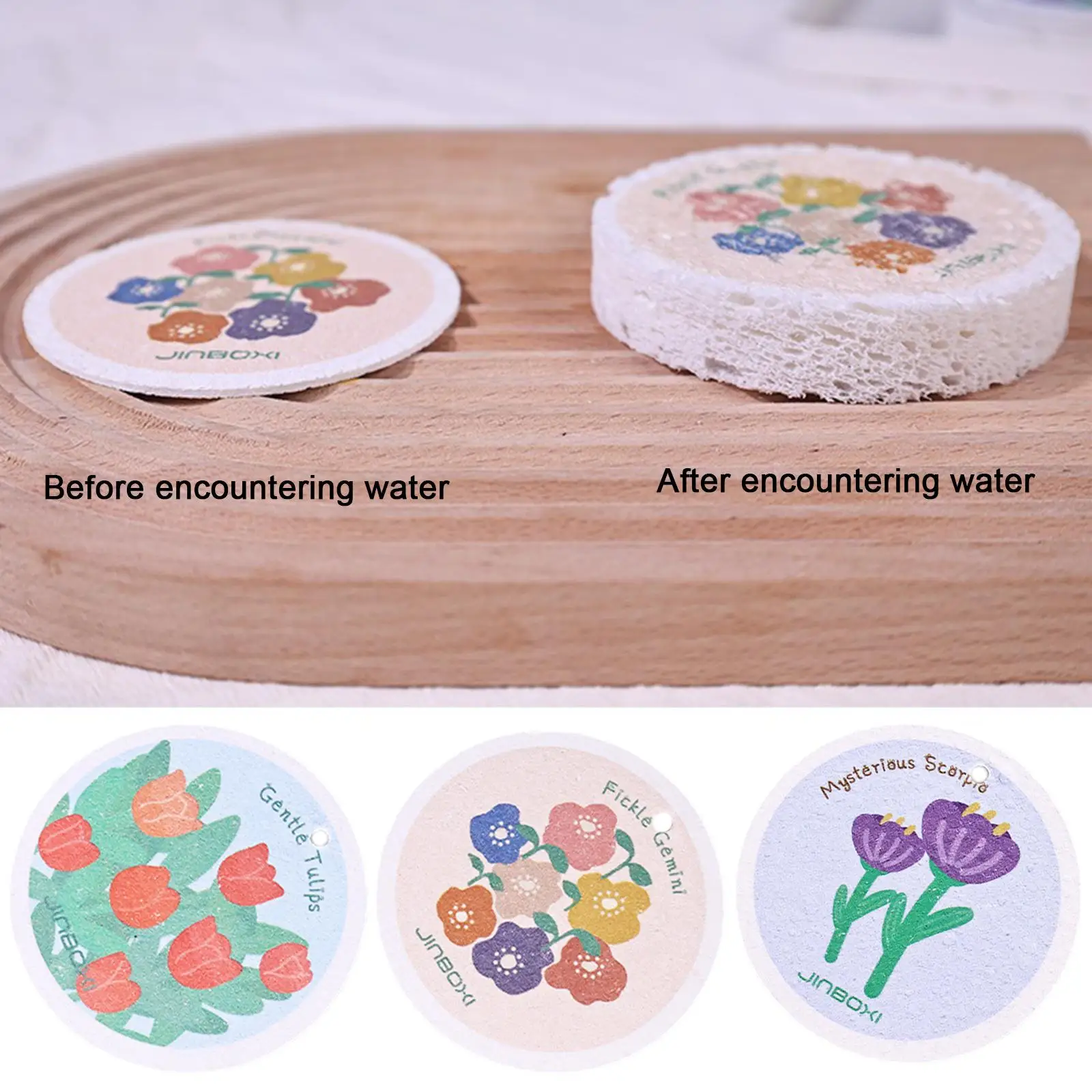 5PCS Wood Pulp Cotton Sponge Cartoon Flowers Compressed Cleaning Sponge Dual-Sided Dish washing Sponge For Kitchen Household