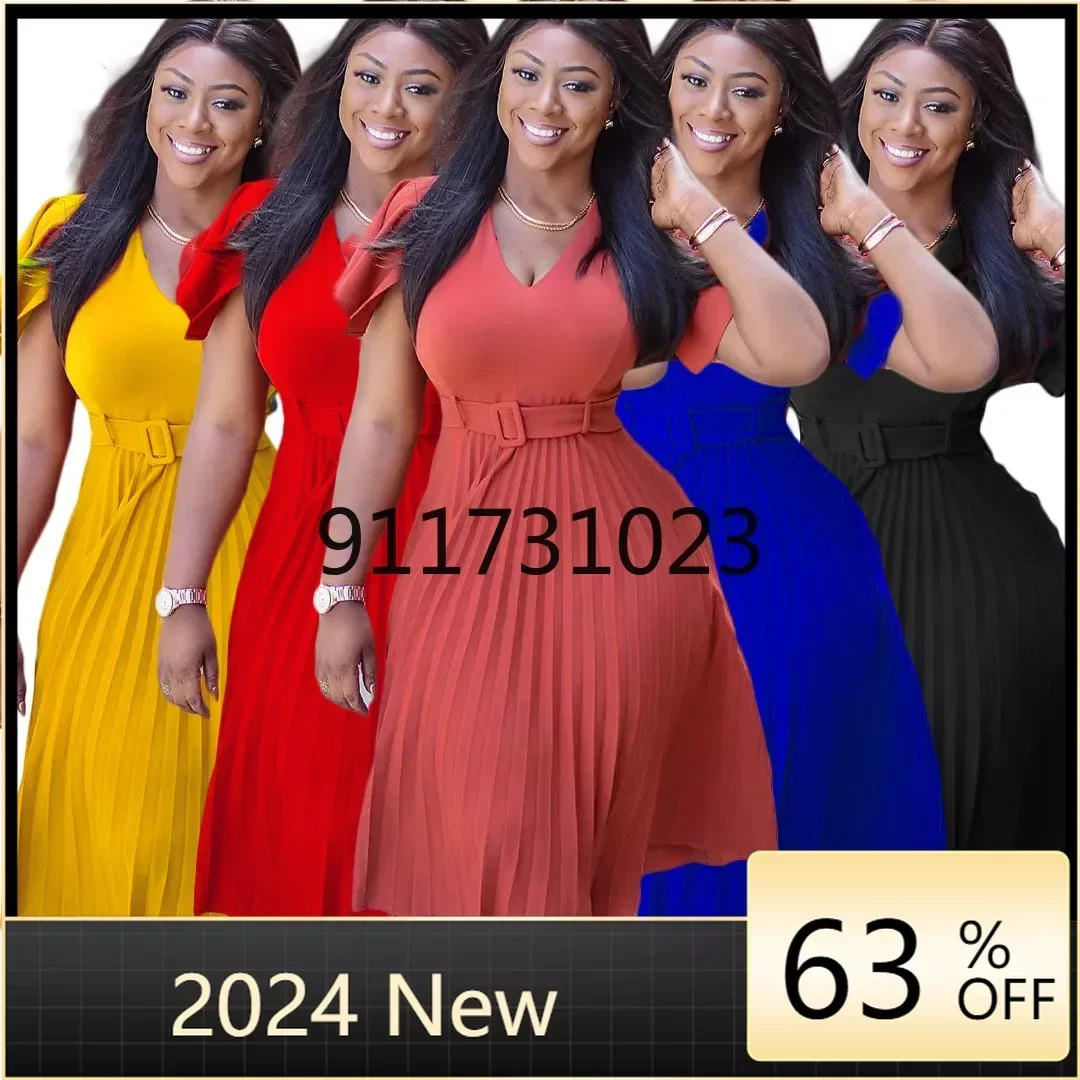 

Summer African Dresses for Women 2023 New African Women V-neck Short Sleeve Solid Color Dress African Clothes Women