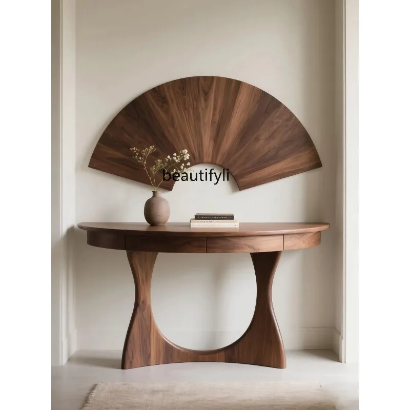 D2520 Новый китайский стиль Североамериканский черный орех Полукруглый стол для прихожей Минималистичный консольный столик Кабина для прихожей из цельного дерева