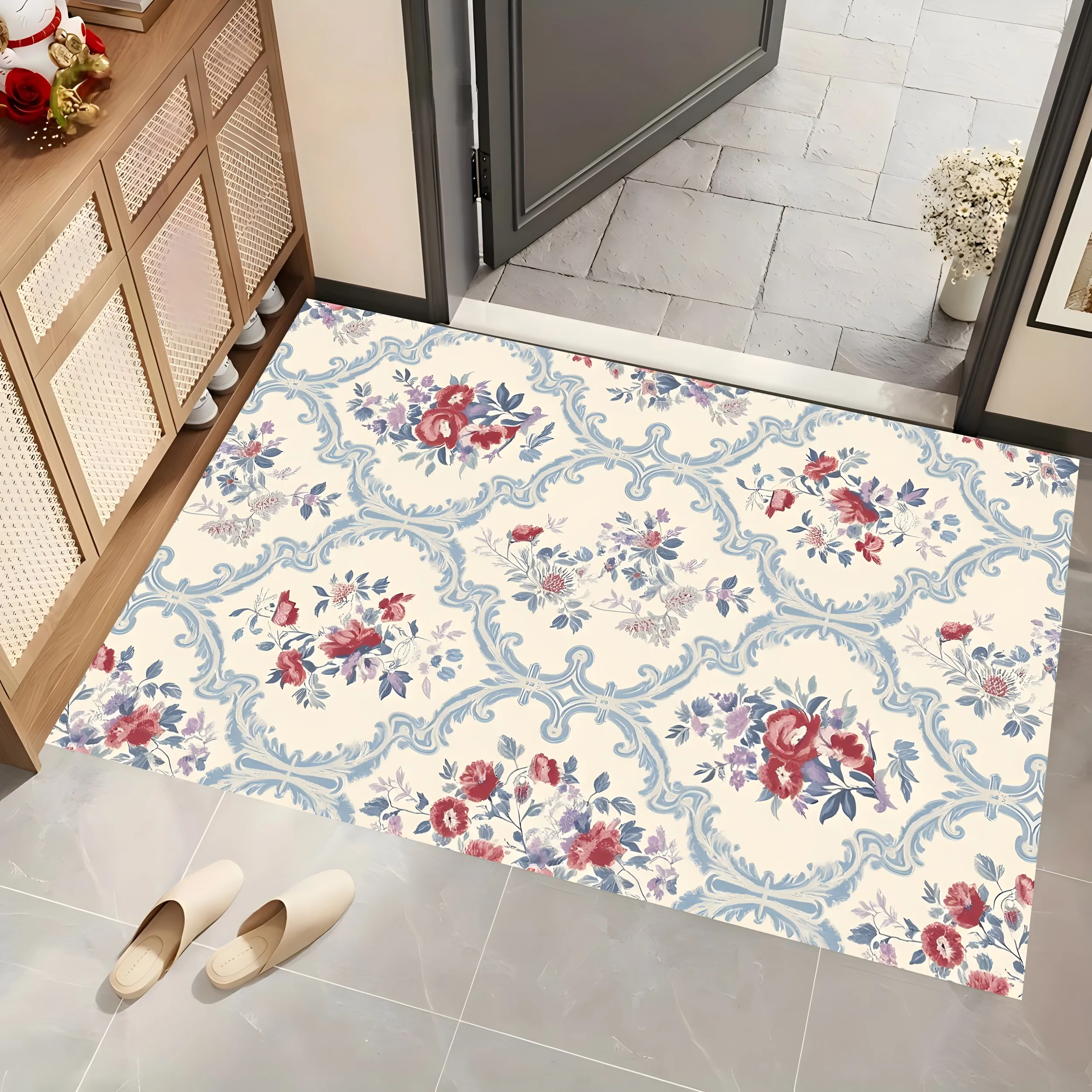 2D Large Rug European Roll Frame Retro Floral French Light Luxury Style Living Room Bedroom Home Decor