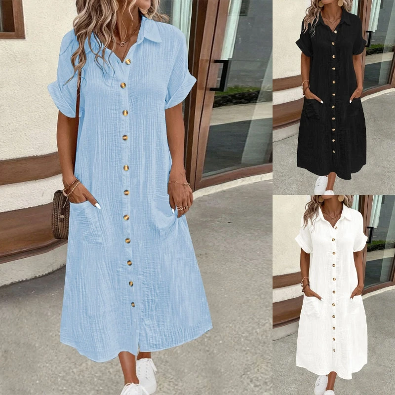 Women Shirt Dress 2025 Summer Spring Solid Color Short Sleeve Button Down Casual Long Shirt Maxi Sundress Comfortable