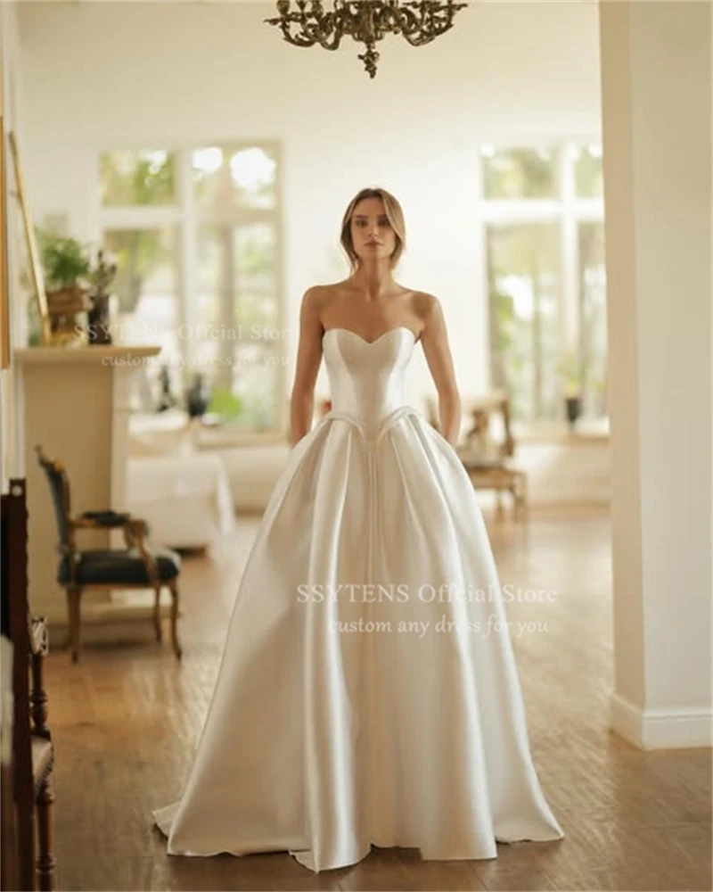 SSYTENS Eleganckie Suknie Ślubne w Kształcie Litery A z Dekoltem w Serek, Satynowe Suknie Ślubne z Odkrytymi Plecami, Gorsetowe Plecy, Księżniczka, Personalizowane Vestido de Noiva
