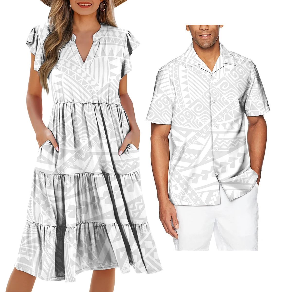 Polynesian Tribal Design 2pcs Set Match Couple Dress Polynesian Design Print Men shirt and Ladies short sleeve Match Women & Men