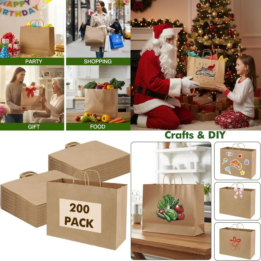 

200 Pack 16x6x12 Brown Kraft Paper Shopping Bags with Handles for Gifts, Business, Merchandise, and Parties