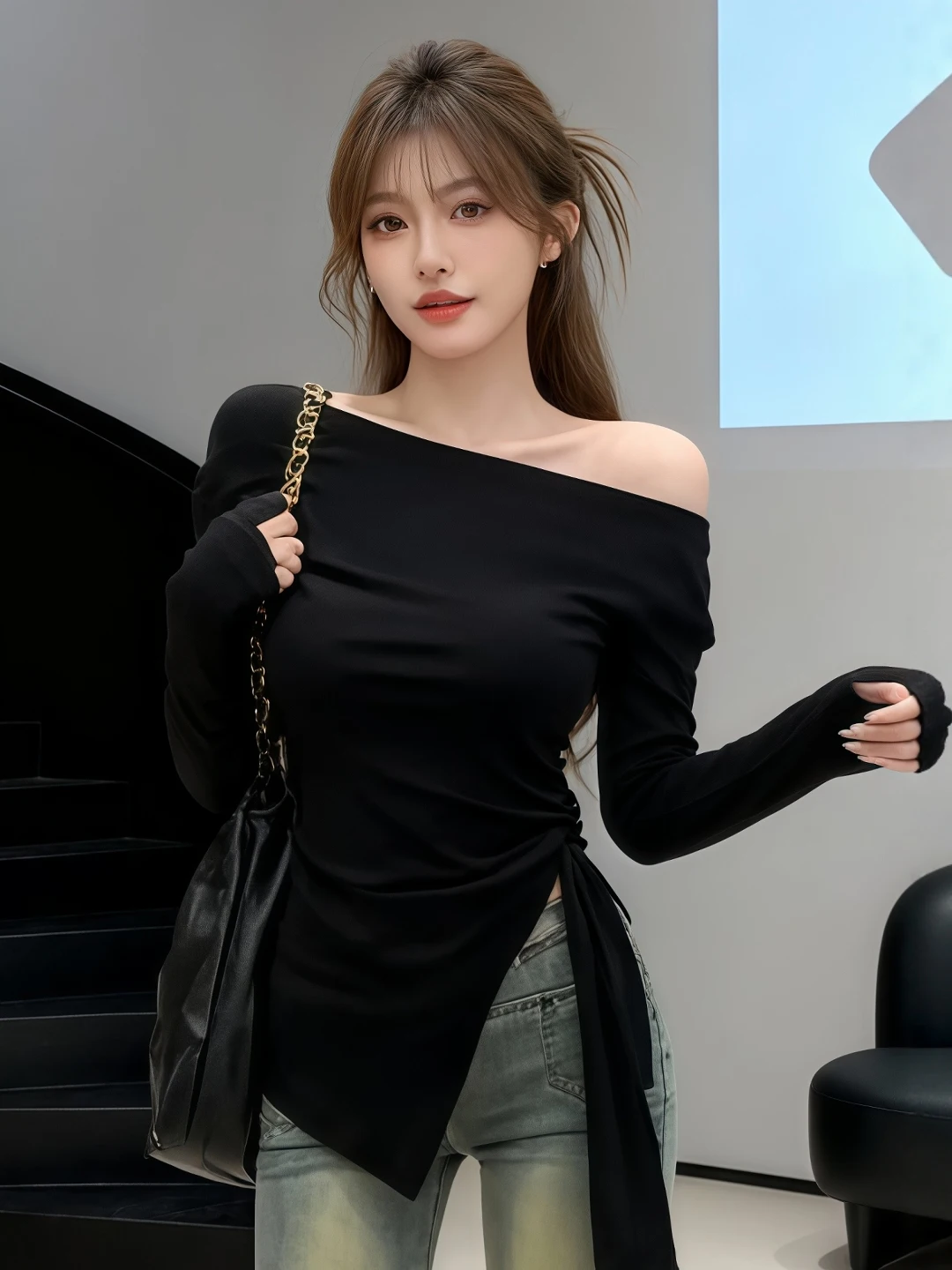 Shoulder Bared Long Sleeve T Shirt Women's Base Layer Top Asymmetrical Slit Korean Style Commute Fashion plus Size Autumn New