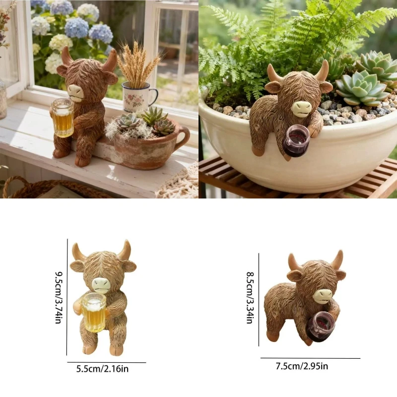 1Pcs Funny Drinking Cattle Resin Weather-resistant Pot Hugger Cow Figurines For Yard Porch Balcony Outdoors Home Farmhouse