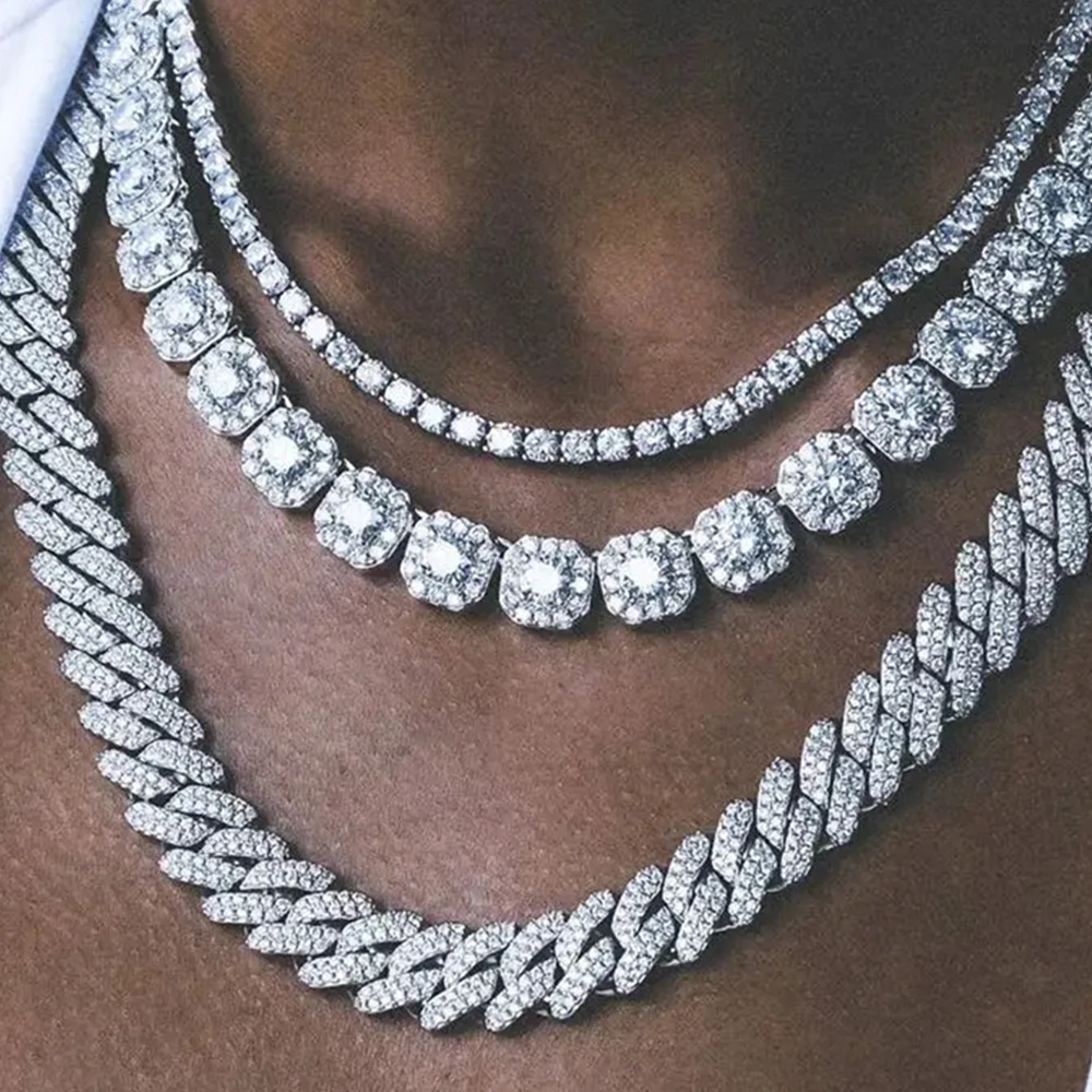 Collar de cadena de eslabones cubanos con diamantes helados para hombres y mujeres, collares cubanos con rombos de Hip Hop pavimentados con diamantes de imitación, cadena de tenis, regalo de joyería