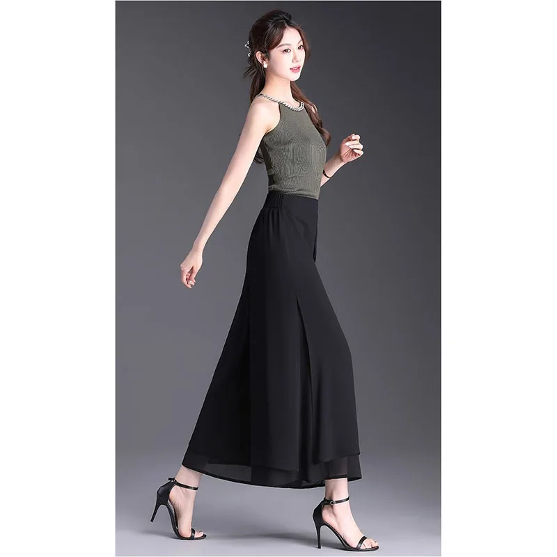 2024 Summer New Women's Chiffon Broken Flower Wide-leg Pants Ladies Nine Pants Thin High Waist Large Size Loose Straight Pants