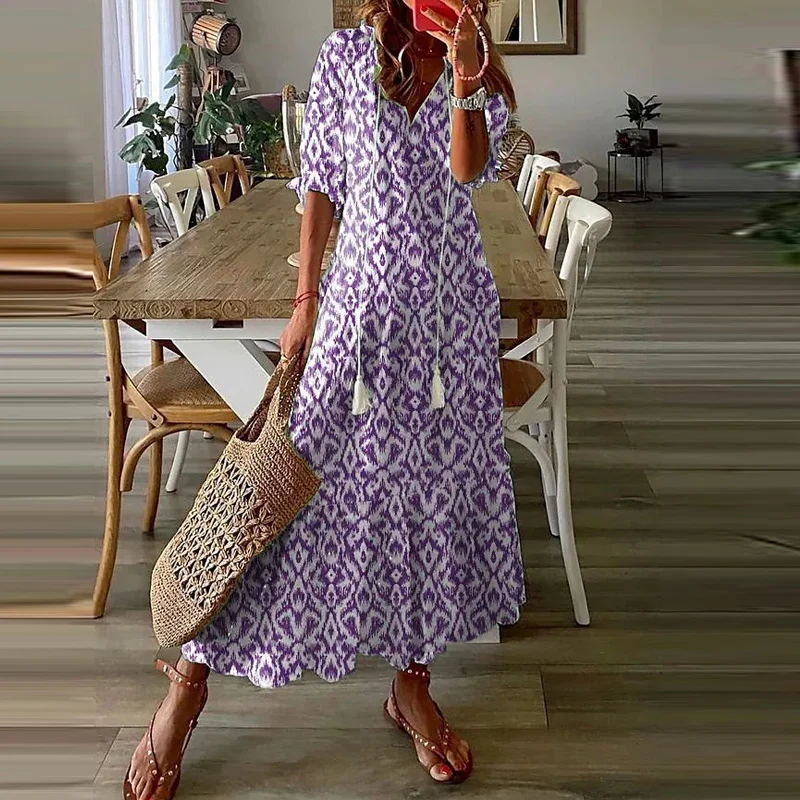 Vestido maxi solto com decote em v feminino, estampa floral, borda de lótus, vestido bohe, manga curta, linha A, vintage, elegante, casual, moda verão