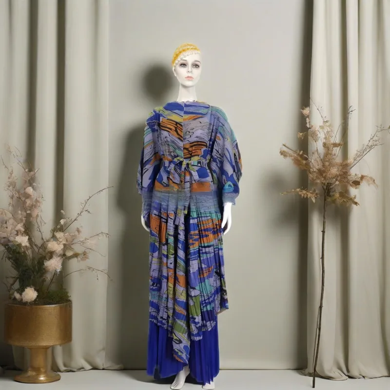 

Miyake Pleated Pants Set 2025 Summer New Lace Collar Irregular Print Top+wide Leg Pants 2-piece Set Plus Size Women's Clothing