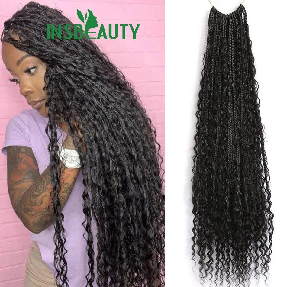 

Crochet Boho Box Braids With Human Hair Curls Pre-looped Synthetic Braid With Human Hair Curls Braiding Hair Extensions 30Inch