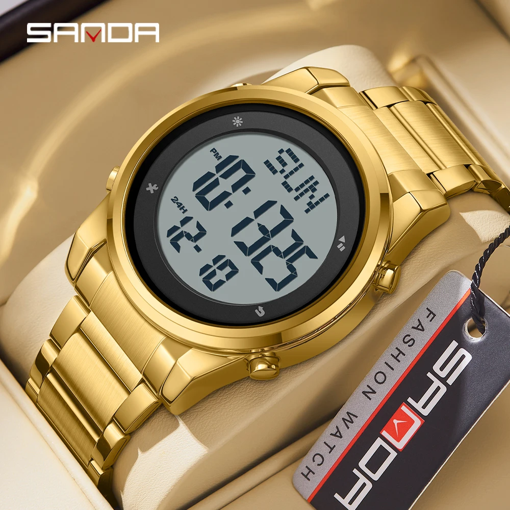 Sanda 6160 New Fashion Stainless Steel Strap Digital Movement Trendy Outdoor Sports Mode Teenager Students Wrist Stop Watch