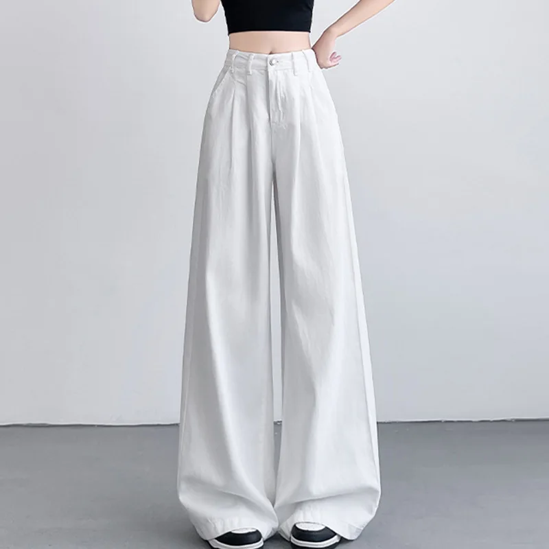 

Streetwear Style White Wide Leg Jeans Women 2025 Plated High Waist Straight Jeans for Woman Loose Pockets Button Trousers Mujer