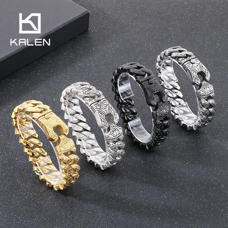 

KALEN 20mm Wide Stainless Steel Heavy Bracelet for Men Domineering Vintage Patterned Charm Bangle Motorcycle Party Jewelry Gift