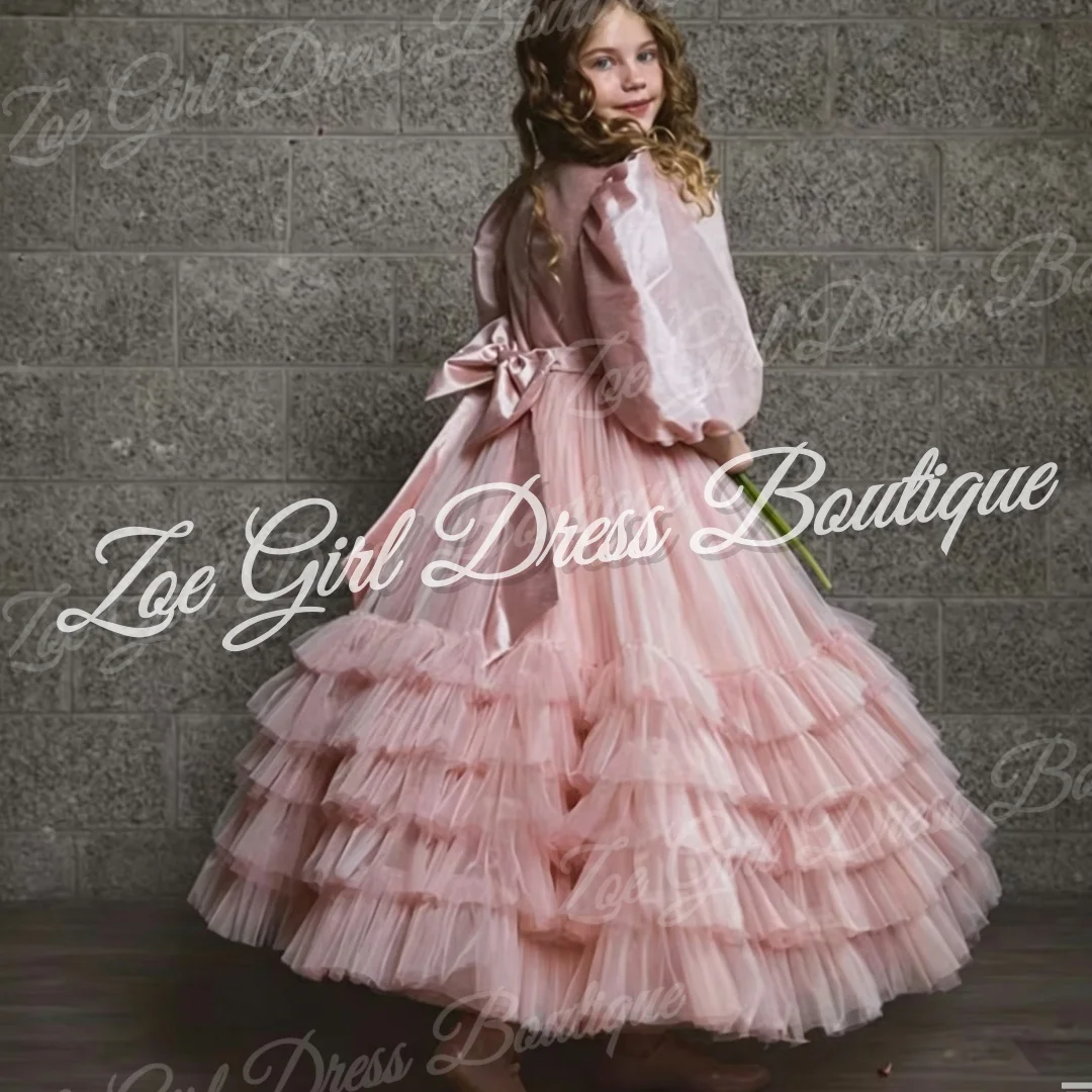 Pink Puff Sleeves Tiered Tulle Back Bow Ankle-length Girls Dresses Wedding Birthday Party Photoshoot Infant Gowns Customized