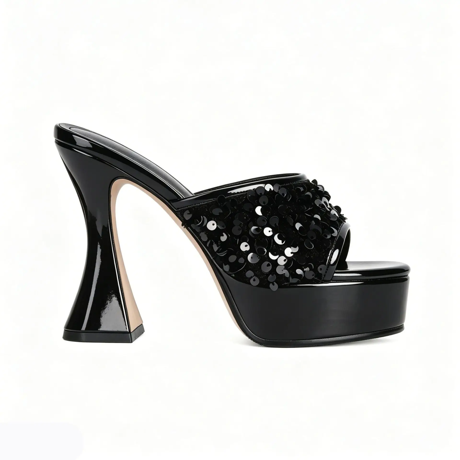 New Waterproof Table High-Heeled Sandals Women's Thick Heel Sequins Fish Mouth Round Head Thick-Soled Banquet Wear Cool Slippers