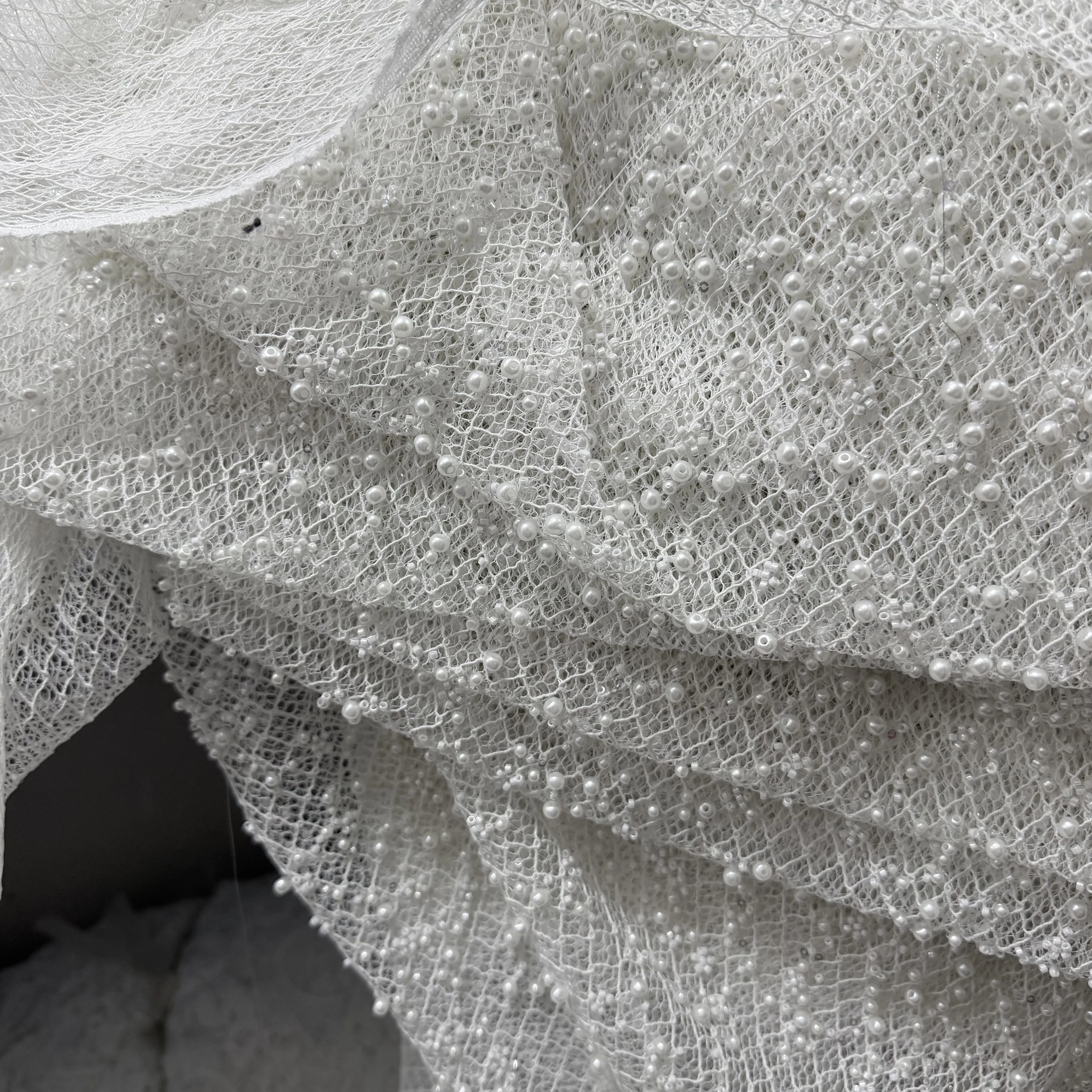 White Three-Dimensional Pearl Texture Large Mesh and Small Pearls Sequins Beads Transparent Lace Fabric Fabric