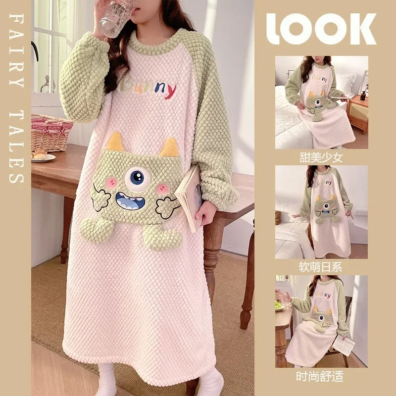 Cartoon Winter Coral Velvet Sleep Dress Women Long Sleeve Knee-length Nightgown Student Fleece-lined Thickened Flannel Homewear