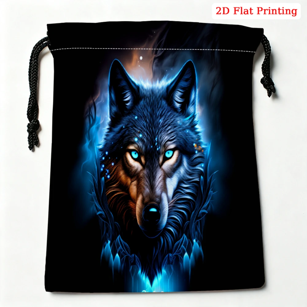 1Pc Wolf Pattern Drawstring Bag Black Blue Animal Print Storage Small Pouch For Travel Gym Sports Organizer Unisex Lightweight