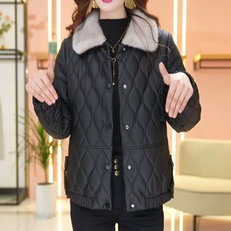 Fur Collar Leather Jacket Women Quilted Coat Parkas PU Leather Jacket Windproof Autumn Winter Cotton Jacket Warm Korean Chic