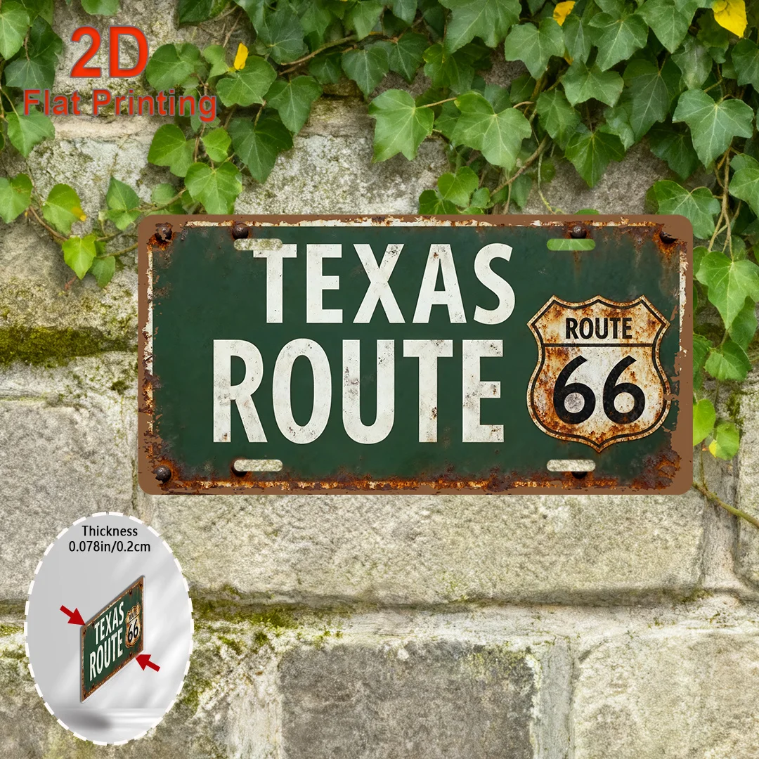 Une plaque plate 2D de style vintage représentant la Route 66 du Texas, mesurant 6 pouces sur 12 pouces, en aluminium. Il présente