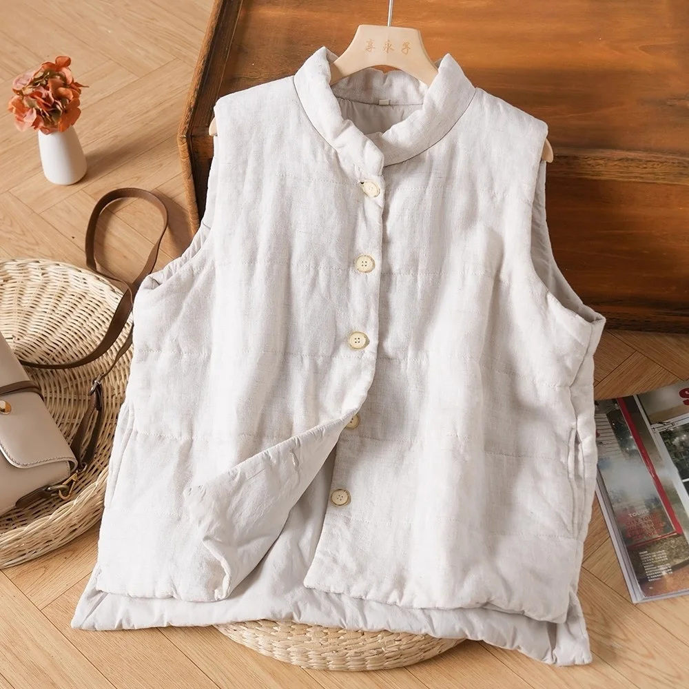 

Thiened Cotton Linen Jaet Women's Winter Warm Pure Color Vest Coat Retro Artistic Sle High Collar Single Button Closure