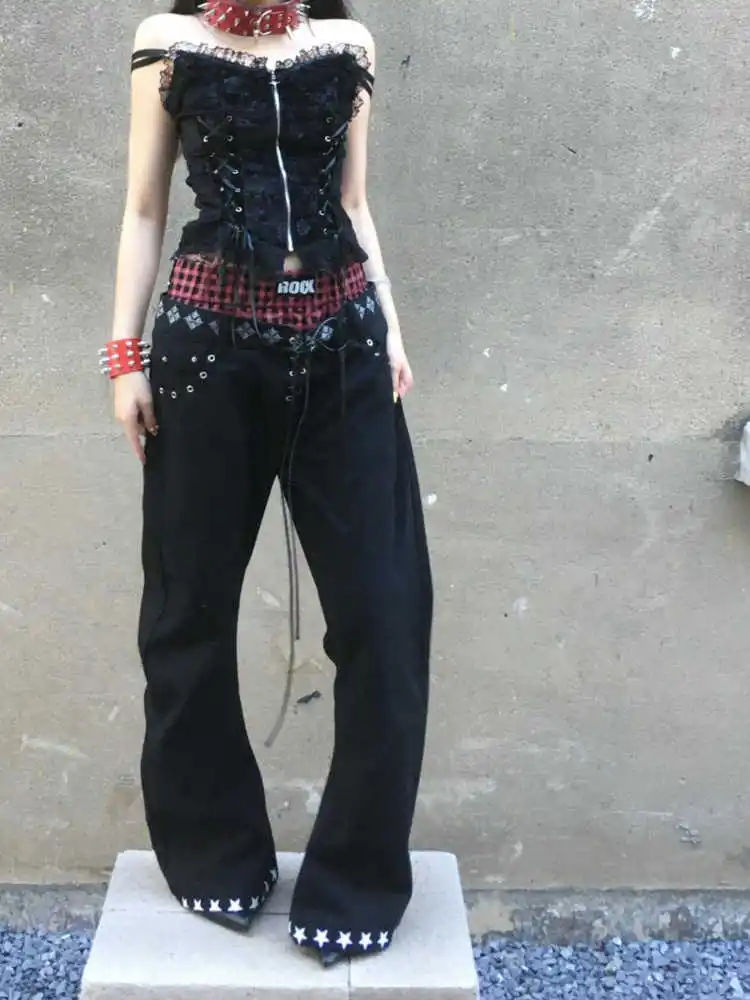 

Осень-зима 2022, женские темные академические дизайнерские расклешенные джинсовые брюки-карго с низкой посадкой, мешковатые джинсы в стиле гранж Y2k, японские джинсы Harajuku