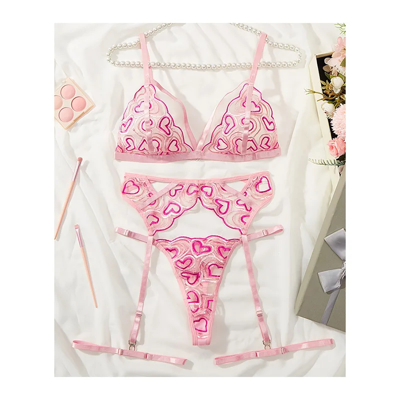 신선한 여성스러운 스타일의 원활한 초박형 투명 메쉬 에로틱 한 친밀한 성인 순수한 욕망 자수 브래지어 서스펜더 끈 팬티