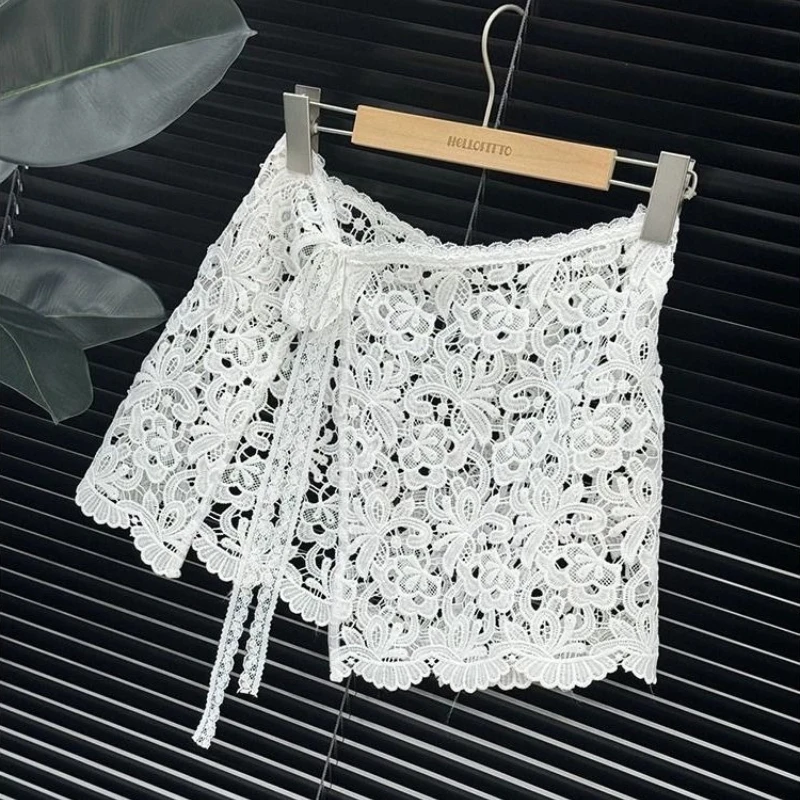 Slim Short Korea Chic Mesh Fart Curtain Lace Up All-match French Hot Sell Skirt Exquisite Literary Hollow Out New Faldas