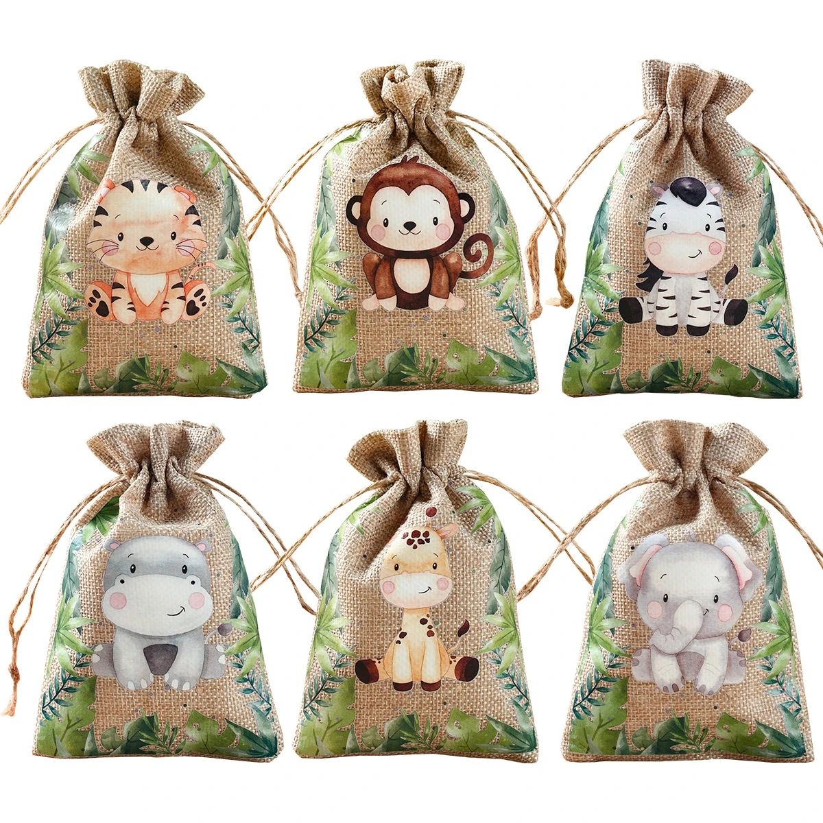 6Pcs Animal Gift Bags Jute Drawstring Burlap Bag Jungle Safari Birthday Party Decor Kids Baby Shower Chocolate Candy Bags