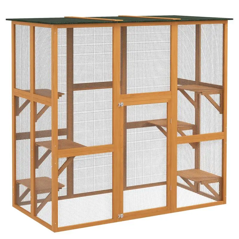 

PawHut Outdoor Cat House Big Catio Wooden Feral Cat Shelter Enclosure with Large Spacious Interior, 6 High Ledges, Weather Protection Asphalt Roof, 71" L, Orange