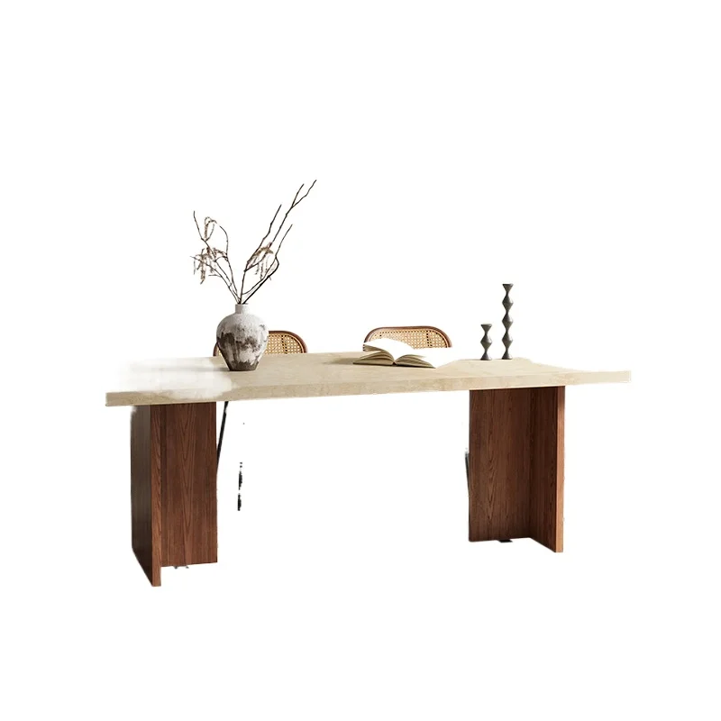 French retro style solid wood ash wood dining table, travertine rock slab dining table, modern simple rectangular