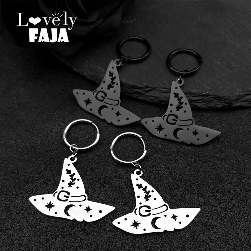 Witch Hat Star Moon Snowflake Hoop Earrings for Women Men Stainless Steel Silver Color Drop Earrings Halloween Gifts 3494