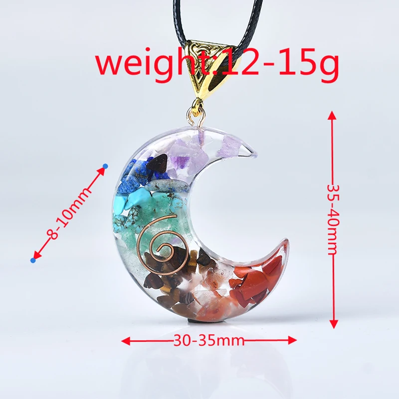 1PC Crescent Moon Necklace Resin Seven Chakras Reiki Natural Crystal Gravel Pendant  Healing Crystal For Men Women Jewelry Gifts