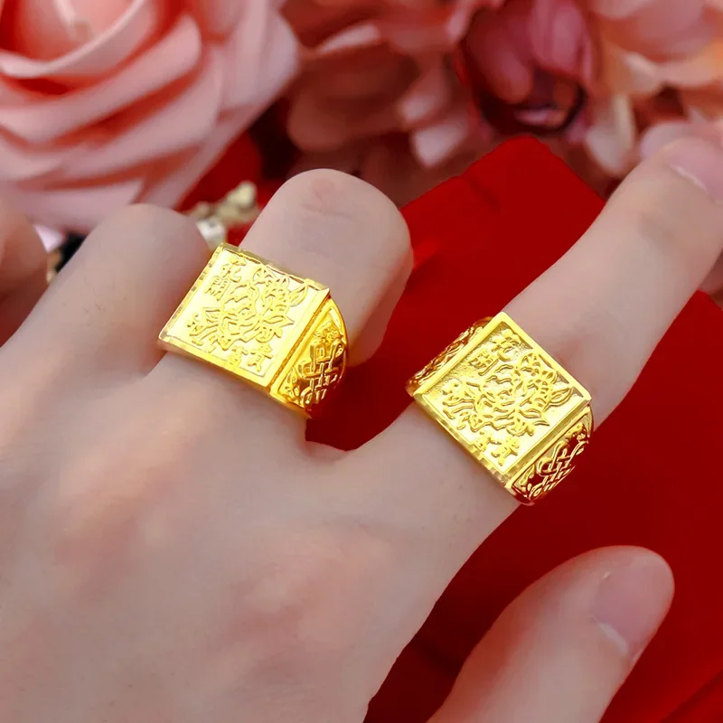 9999 Real Gold 24K Thai Gold Men's Ring Gold Men's Opening Ring Flowers Rich