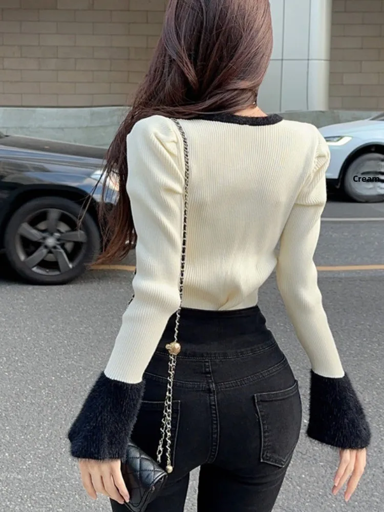 Sexy Unique Knitted Sweater Women's Autumn Winter Bell Sleeve Square Collar Faux Fur Color Block Base Shirt Vintage Commute S... view 4