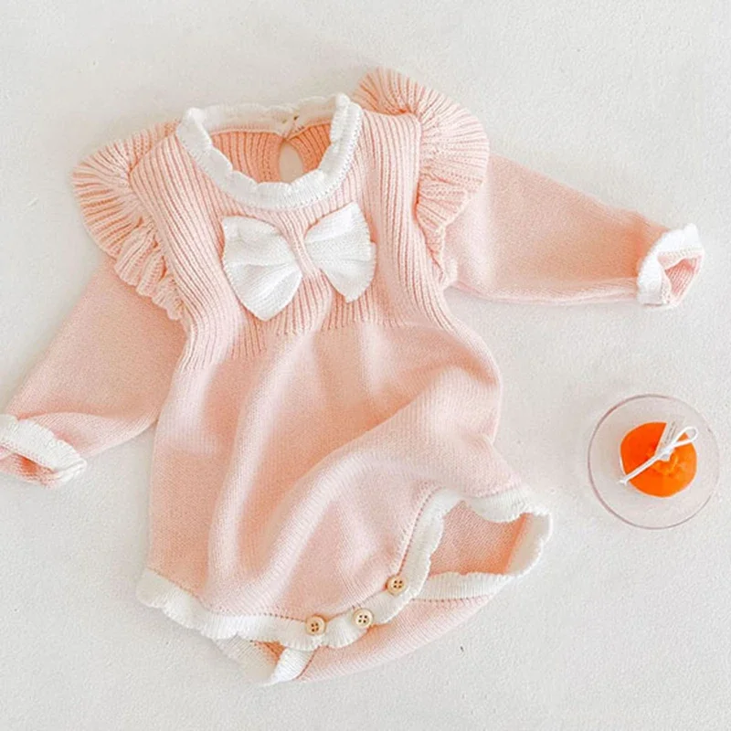 

Autumn Infant Baby Girl Sweet Embroider Knit Jumpsuit s Pink Bow Princess Rompers Spring Newborn Kids Baby Girls Clothes Rompers