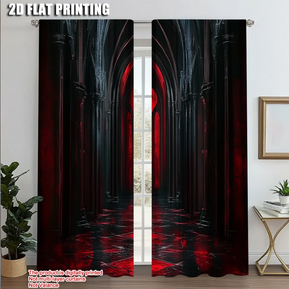 2pcs, Fashionable Curtains 2D print Gothic Archway Black and Red Machine Washable (without rod) Thermal Insulation, and Room
