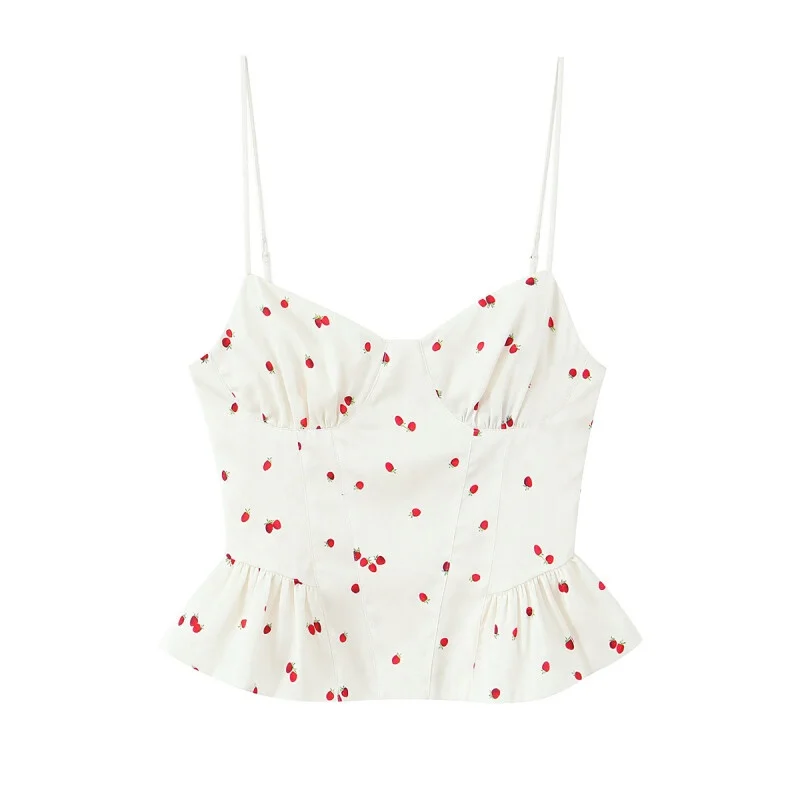 2026Women Summer Outfits Strawberry Print Spaghetti Strap Camisole Top Layered Ruffle Mini Skirt Set Beach Casual Cute Two Piece