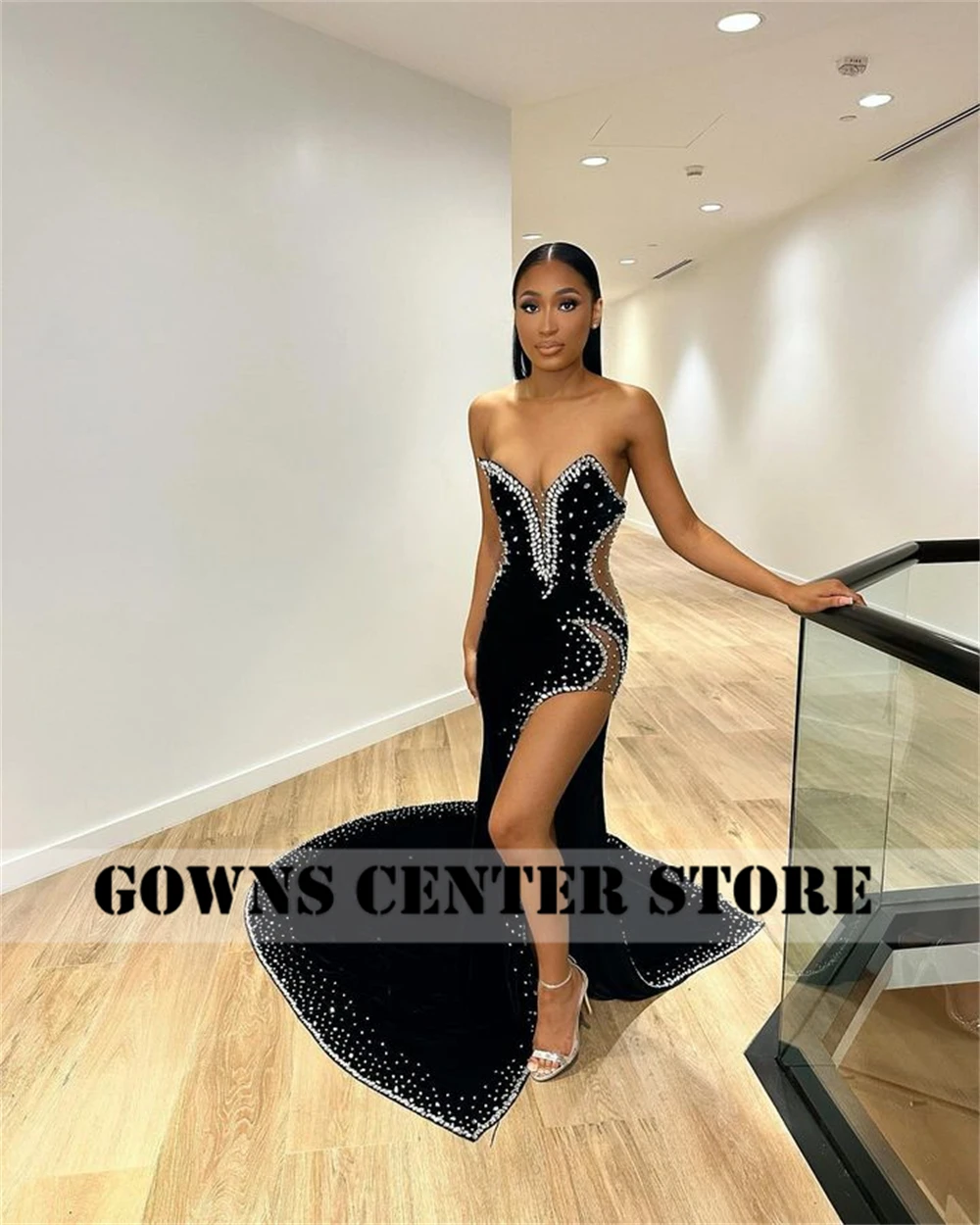 Sexy Burgundy Velvet Silver Beaded Silt Luxury Prom Dress 2024 Transparent Spaghetti Birthday Outfit Black Girls Customized