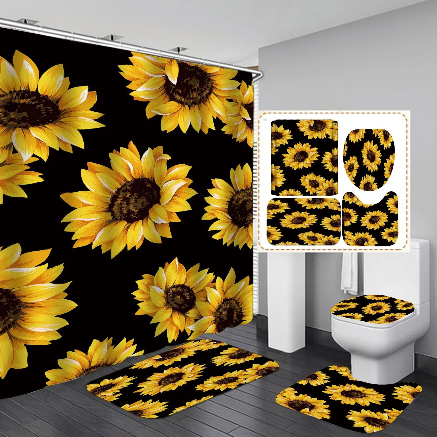 4PCS Sunflower Shower Curtain Set with Non-Slip Rugs Toilet Lid Cover Bath Mat Black Shower Curtain Waterproof Bathroom Decor