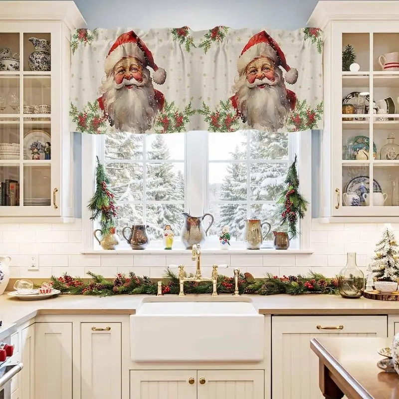VIKAMA Vintage Santa Claus Window Valance Christmas Holiday Short Curtain Kitchen Small Window Fabric Home Decor