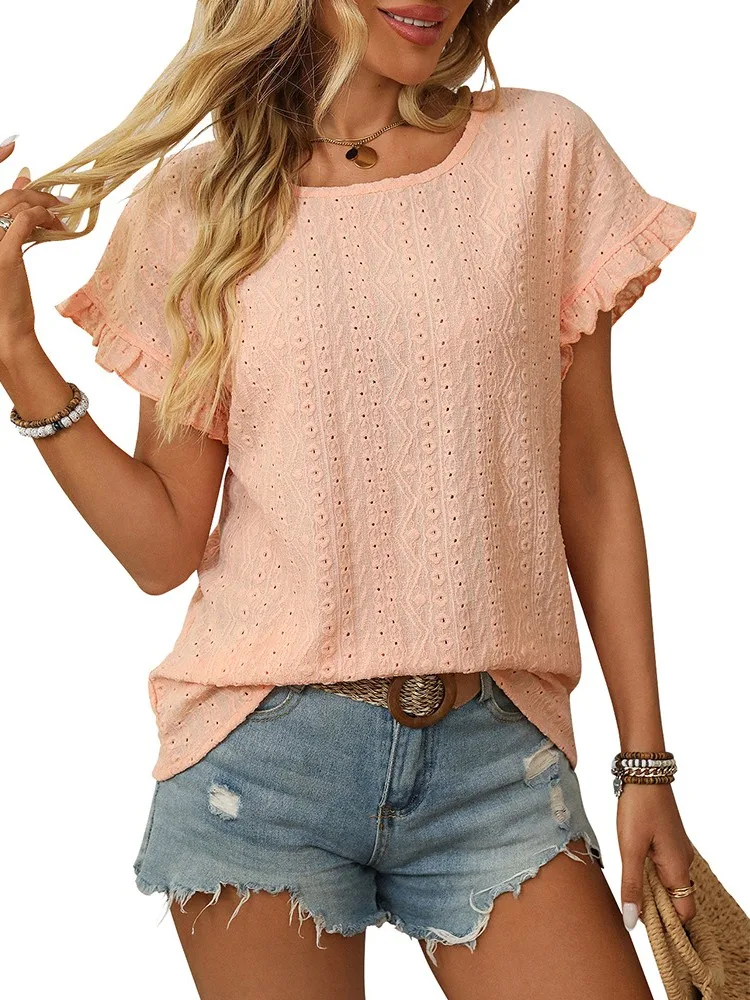 

Women's Shirt Short Sleeve Solid Color Cap Sleeve T-shirt 2026 Summer New Round Neck Top Eyelet Lace Oversized T-shirt Female